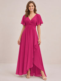 Dusty Blue Chiffon Bridesmaid Dress with Flutter Sleeves & High-Low Hem