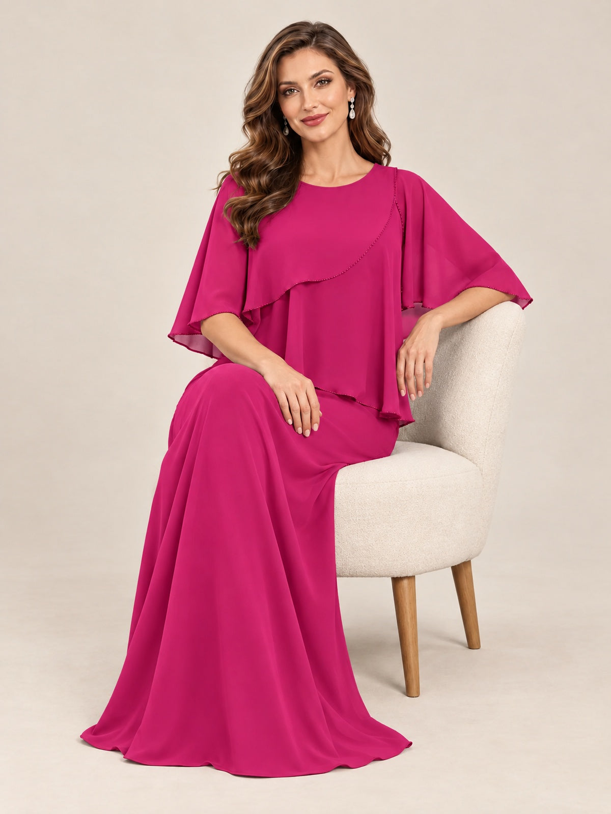 Cape Sleeve Mother of the Bride Dress with Asymmetrical Overlay