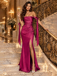 Off The Shuolder Satin Prom Dress Slit Mermaid Formal Gowns