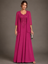 A-line 2 Pieces Chiffon Appliques Mother of The Bride Dresses with Jackets