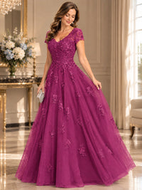 Lace Appliques A-line Mother of The Bride Dresses with Short Sleeves