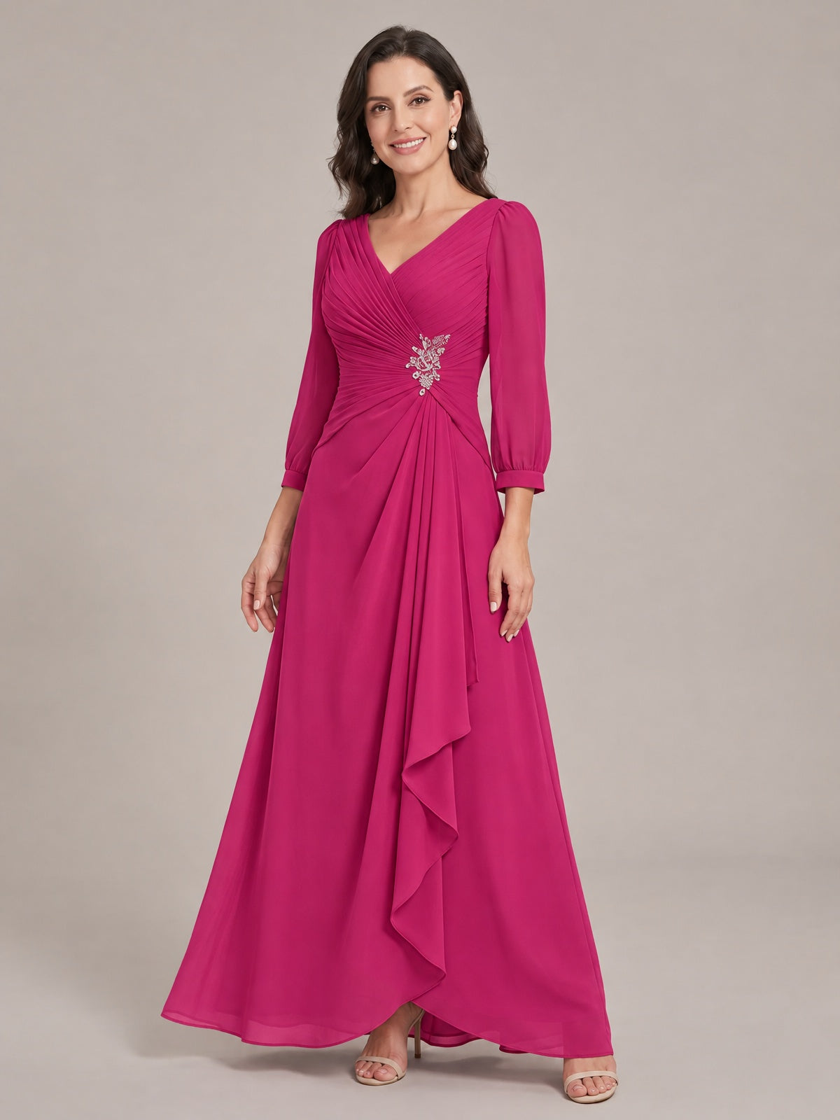 V-Neck Pleated Chiffon Mother of the Bride Dress with Flutter Sleeves