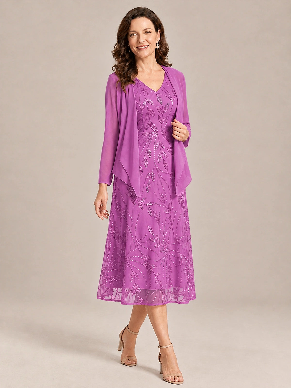 Tea Length Sequin Lace Mother of the Bride Dress with Chiffon Jacket