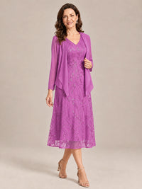 Tea Length Sequin Lace Mother of the Bride Dress with Chiffon Jacket
