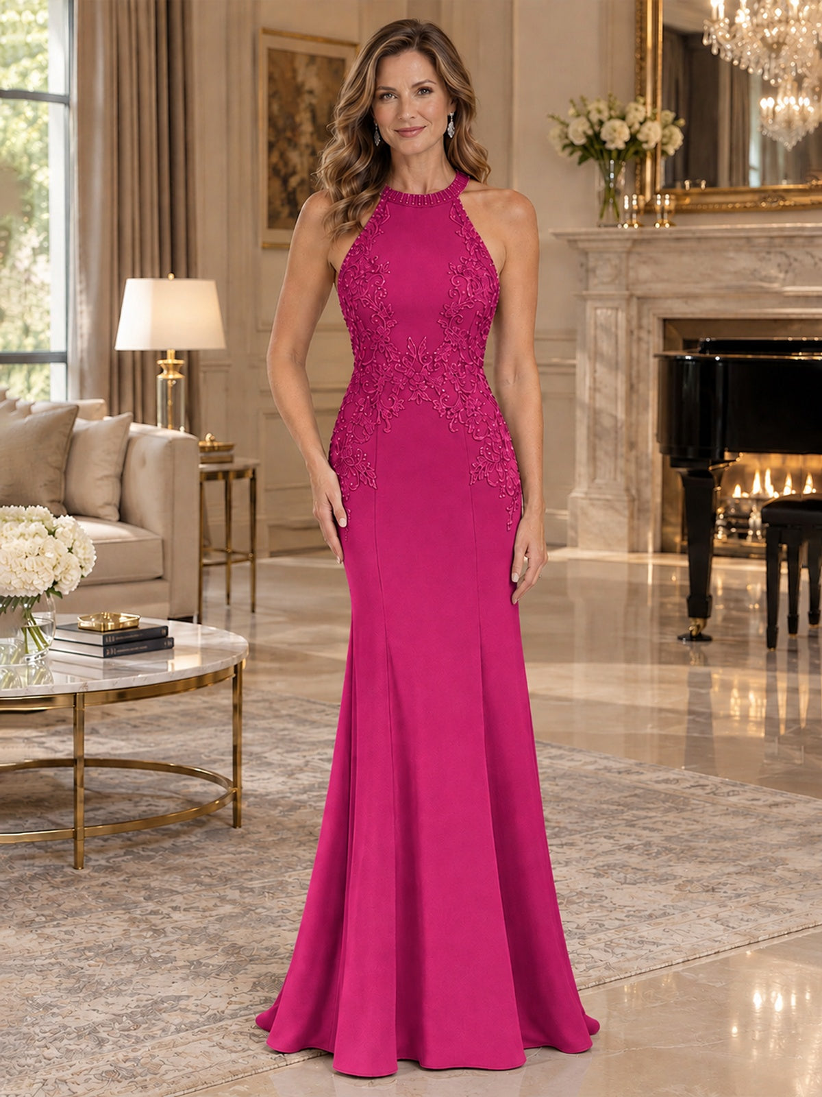 Halter Neckline Lace Appliques Mother of The Bride Dresses