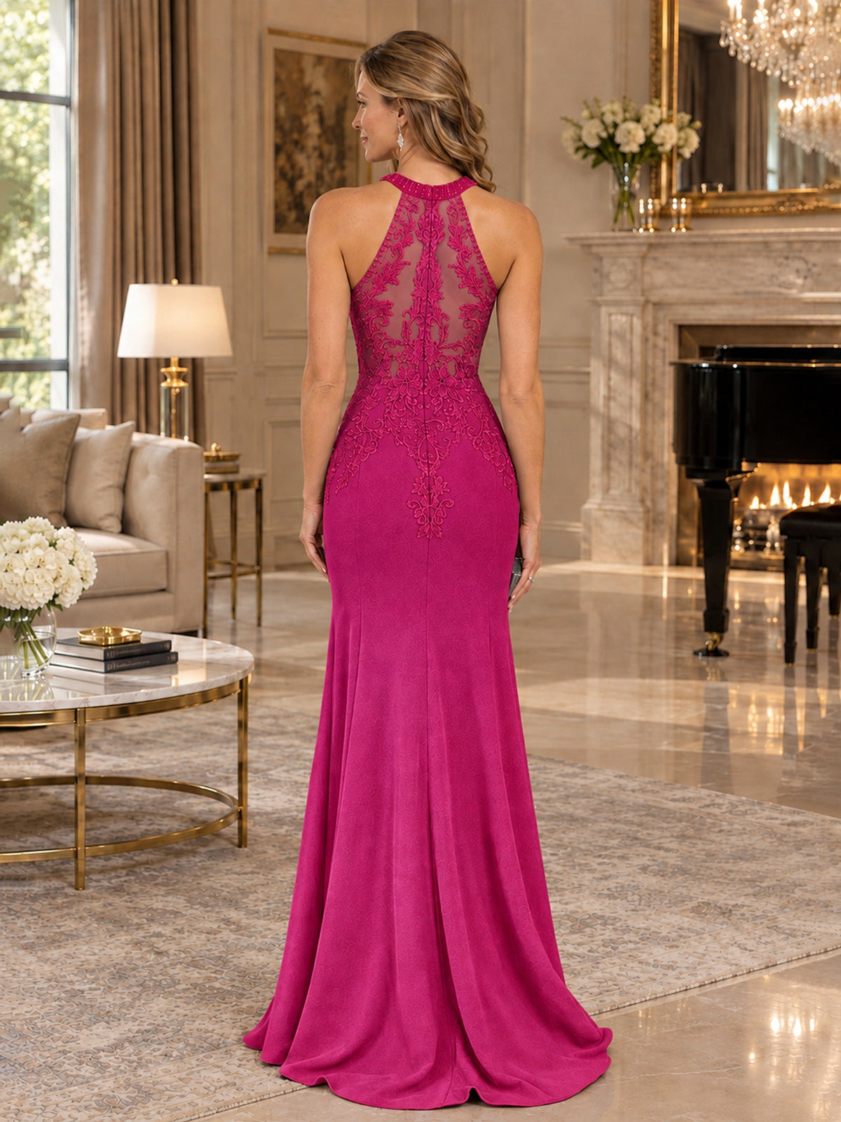 Halter Neckline Lace Appliques Mother of The Bride Dresses