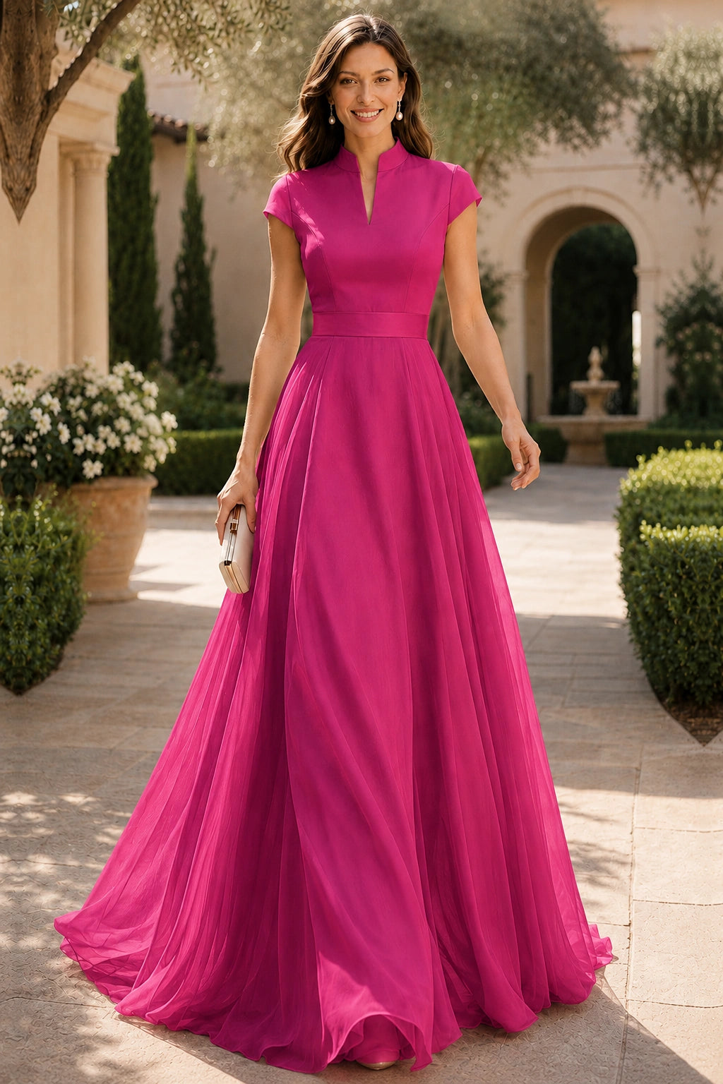V Neck Cap Sleeve A-Line Floor-Length Satin Bridesmaid Dress