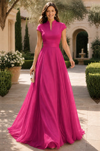 V Neck Cap Sleeve A-Line Floor-Length Satin Bridesmaid Dress