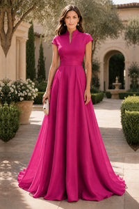 V Neck Cap Sleeve A-Line Floor-Length Satin Bridesmaid Dress