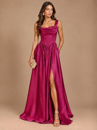 Cowl Neck Pleated Satin Prom Dress with Pockets & Slit Maxi Formal Gowns