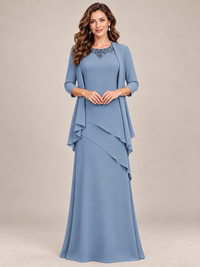 Full-length dusty blue mother of the bride gown with embellished neckline and matching chiffon jacket