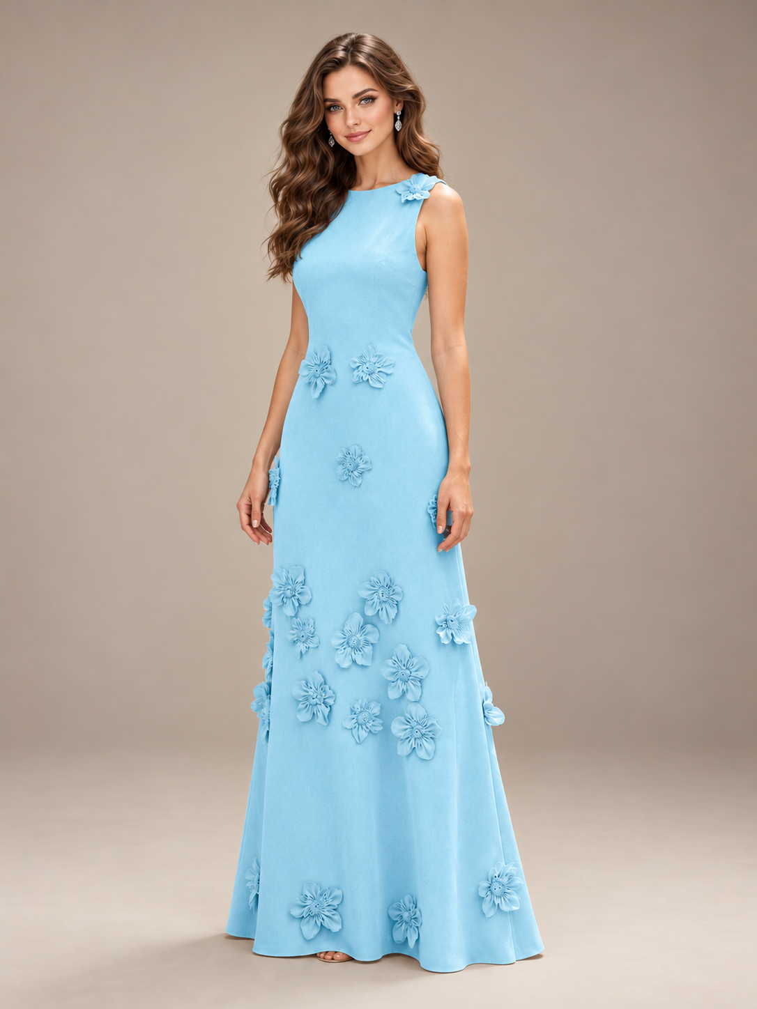Full-length front view of Jovellee light blue floral maxi dress with delicate 3D flower embellishments