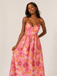 Full A-line skirt of Jovellee pink floral jacquard midi dress