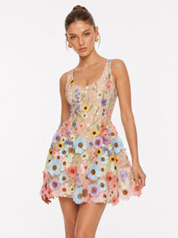 Full A-line skirt on Jovellee 3D floral applique mini dress