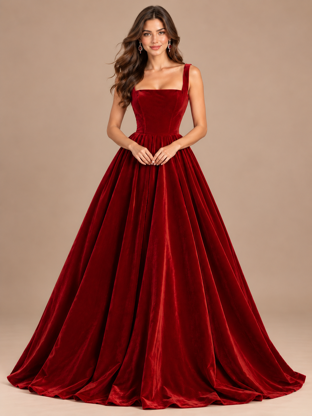 Full pleated floor-length skirt of Jovellee's burgundy velvet A-line formal gown