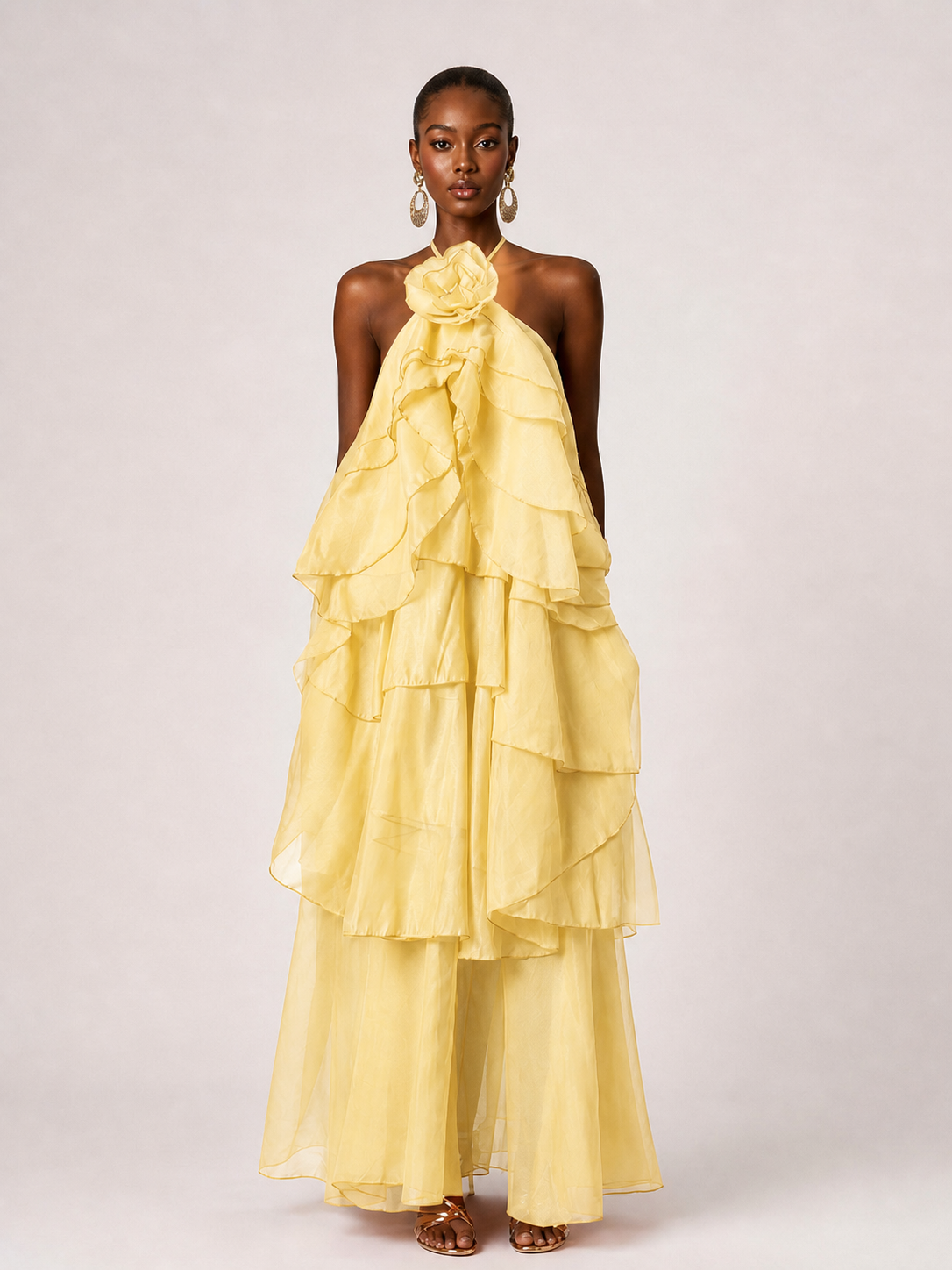 Orange Chiffon Halter Ruffle Maxi Dress with 3D Flower