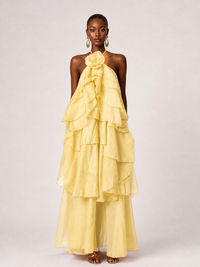 Orange Chiffon Halter Ruffle Maxi Dress with 3D Flower