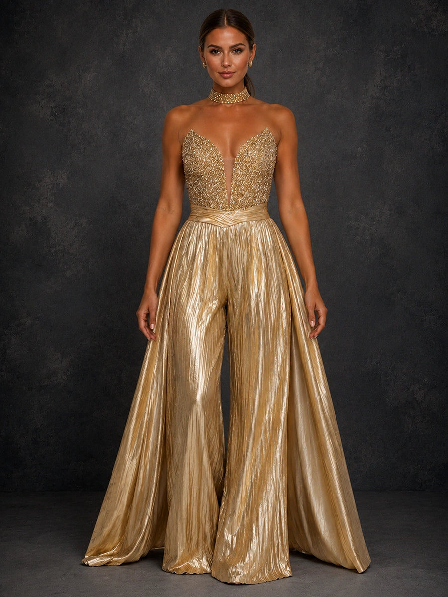 Gold Beaded Strapless Wide Leg Prom Jumpsuit