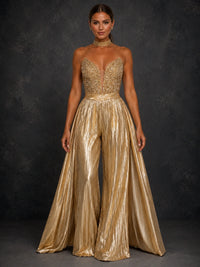 Gold Beaded Strapless Wide Leg Prom Jumpsuit
