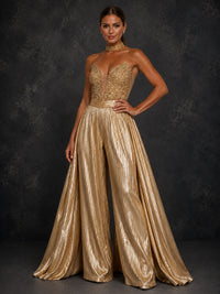 Gold Beaded Strapless Wide Leg Prom Jumpsuit