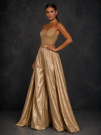 Gold Beaded Strapless Wide Leg Prom Jumpsuit