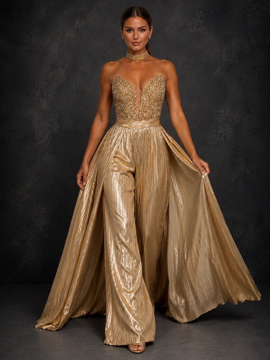 Gold Beaded Strapless Wide Leg Prom Jumpsuit