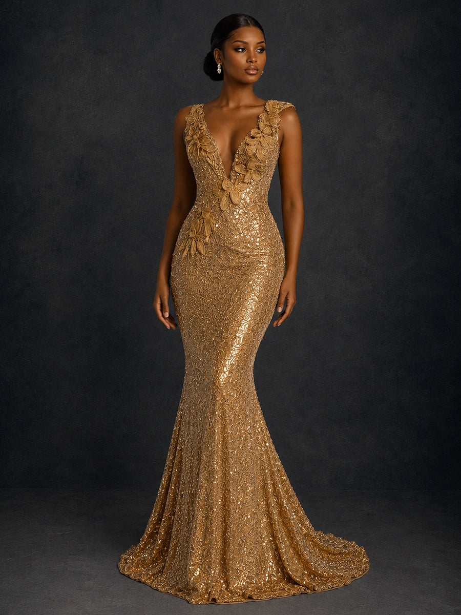 Gold Sequin Floral Applique Mermaid Prom Dress