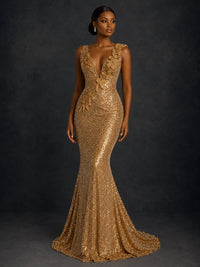 Gold Sequin Floral Applique Mermaid Prom Dress
