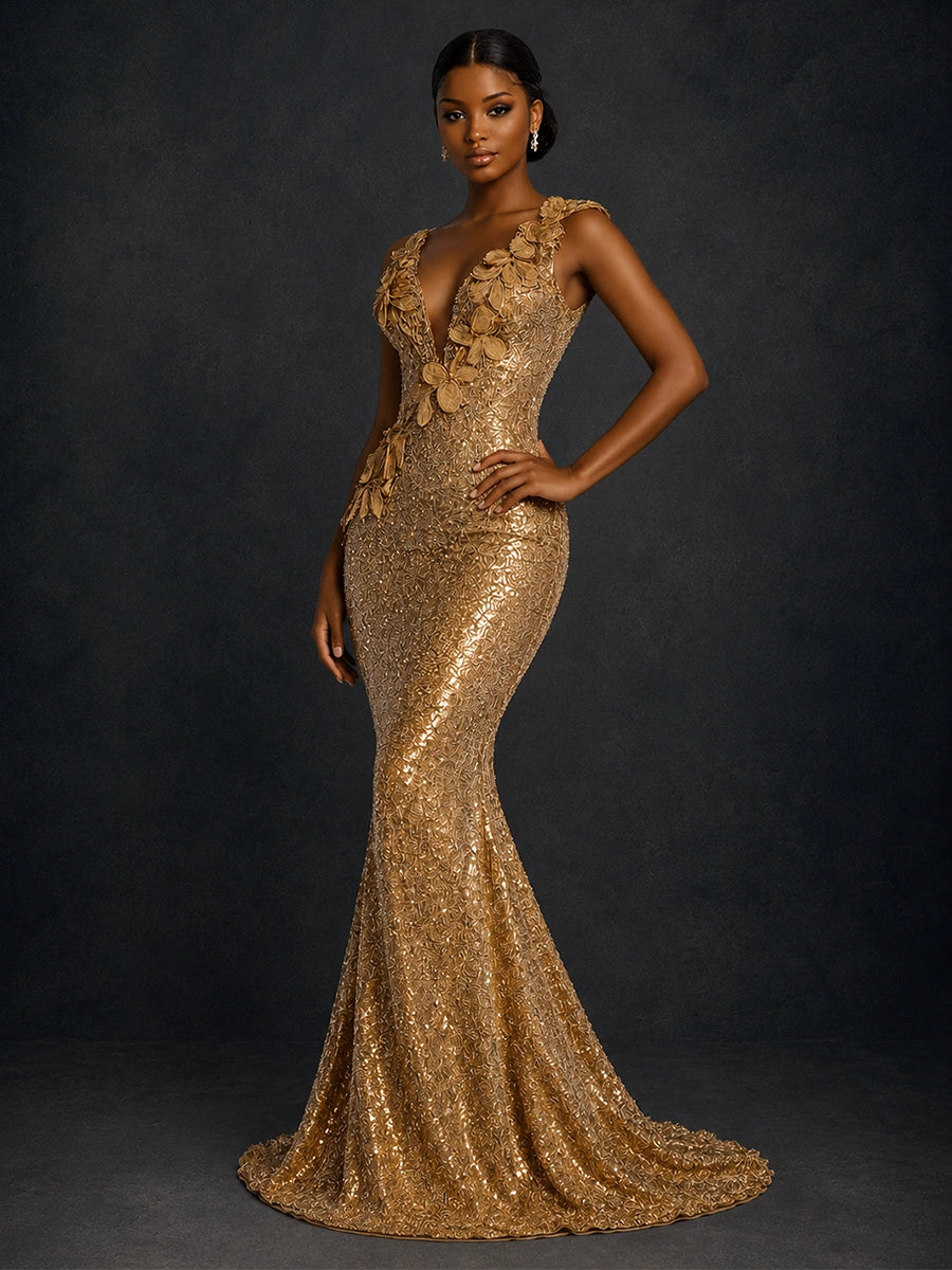 Gold Sequin Floral Applique Mermaid Prom Dress