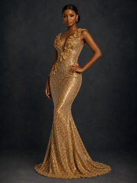 Gold Sequin Floral Applique Mermaid Prom Dress
