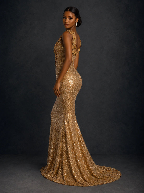 Gold Sequin Floral Applique Mermaid Prom Dress
