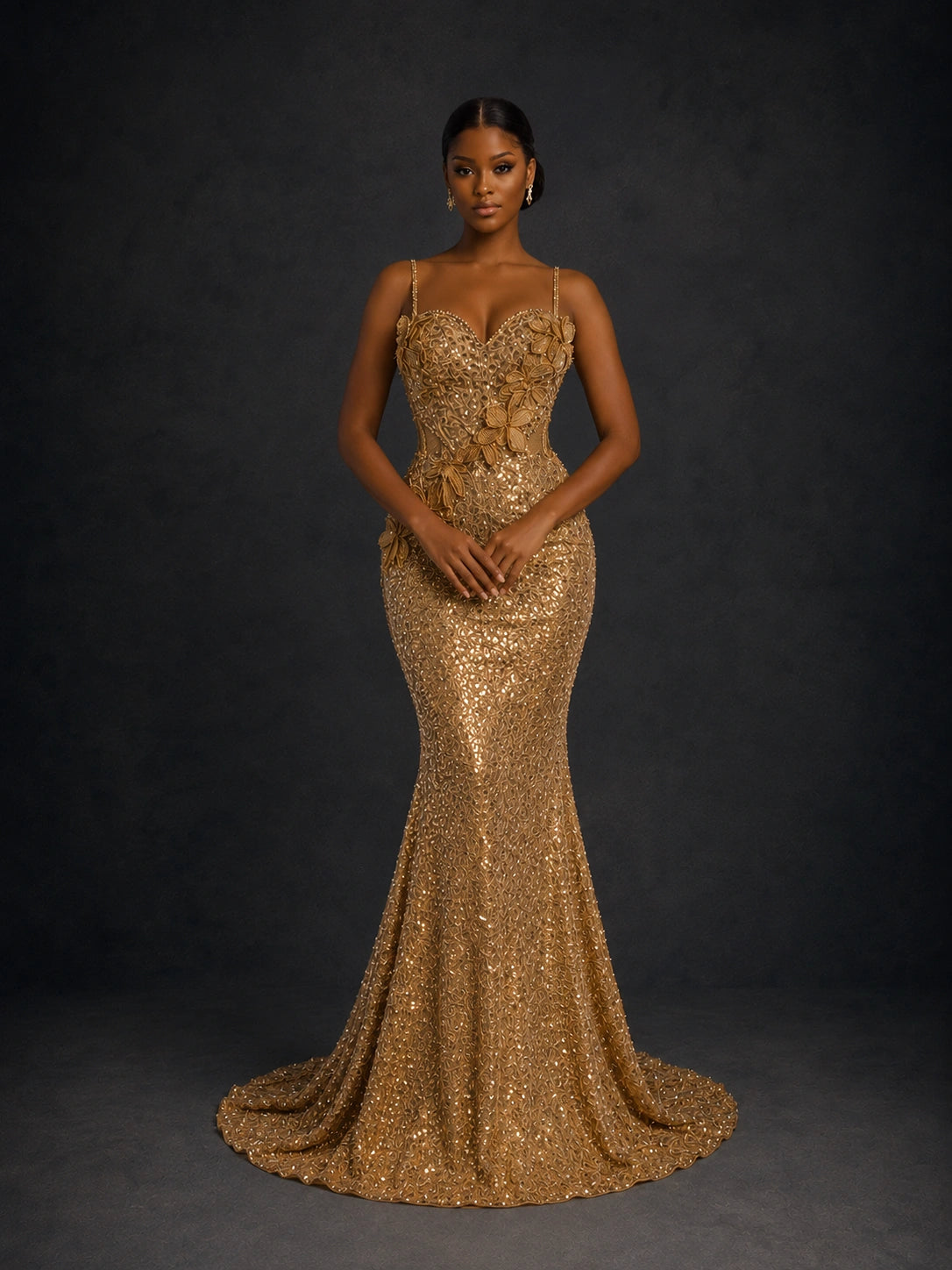 Gold Sequin Mermaid Prom Dress with Floral Applique
