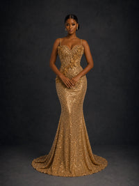 Gold Sequin Mermaid Prom Dress with Floral Applique