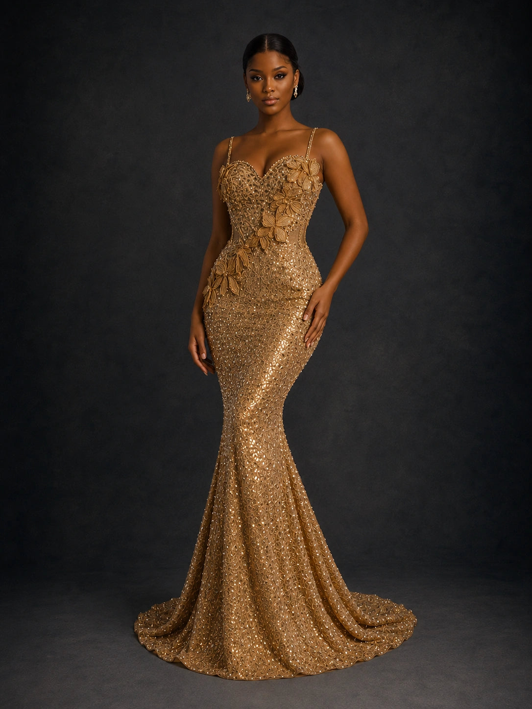 Gold Sequin Mermaid Prom Dress with Floral Applique