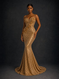 Gold Sequin Mermaid Prom Dress with Floral Applique