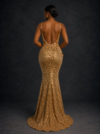 Gold Sequin Mermaid Prom Dress with Floral Applique