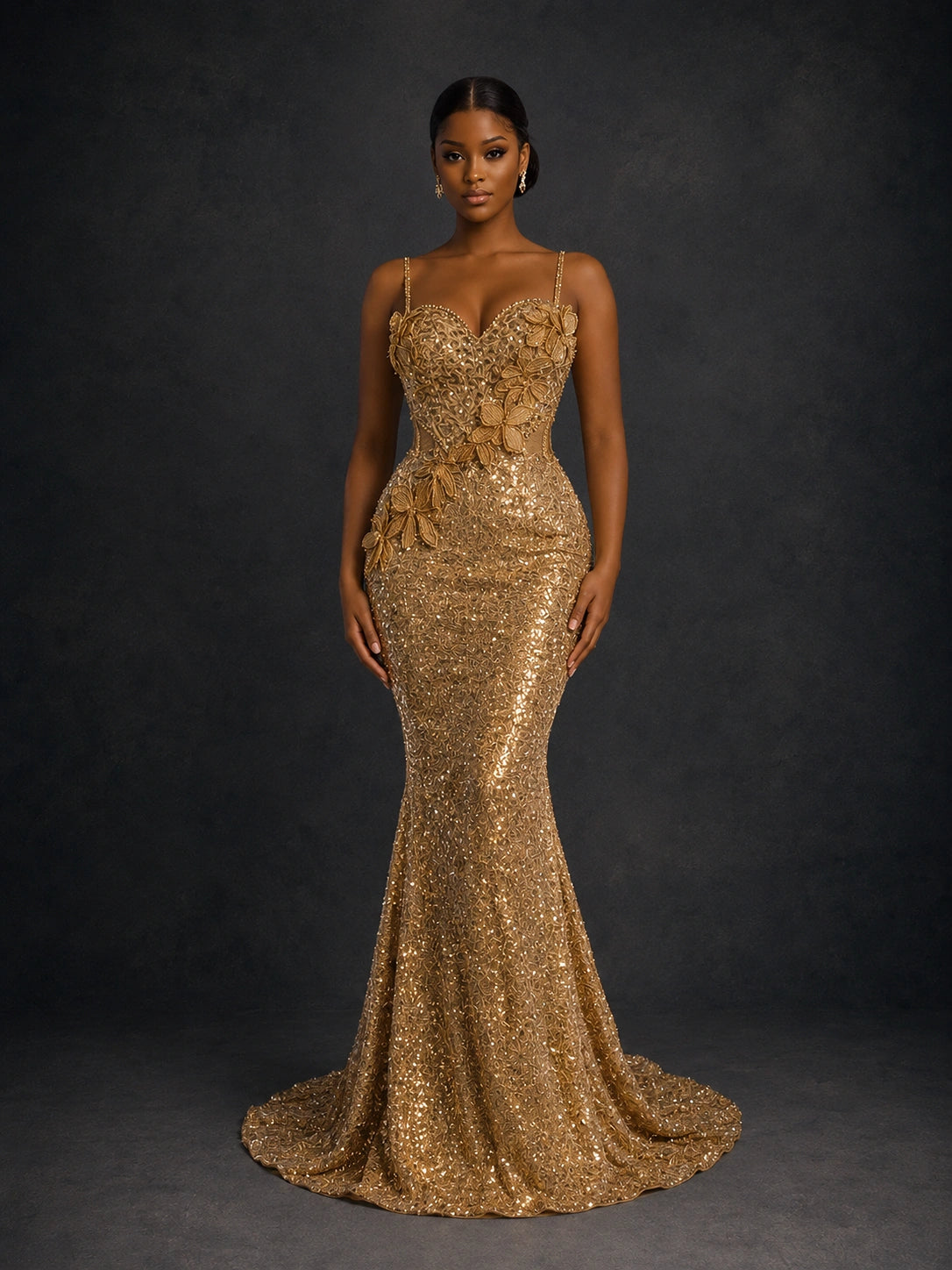 Gold Sequin Mermaid Prom Dress with Floral Applique