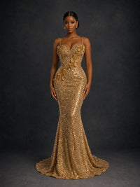 Gold Sequin Mermaid Prom Dress with Floral Applique