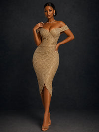 Gold Sequin Off Shoulder Midi Cocktail Dress
