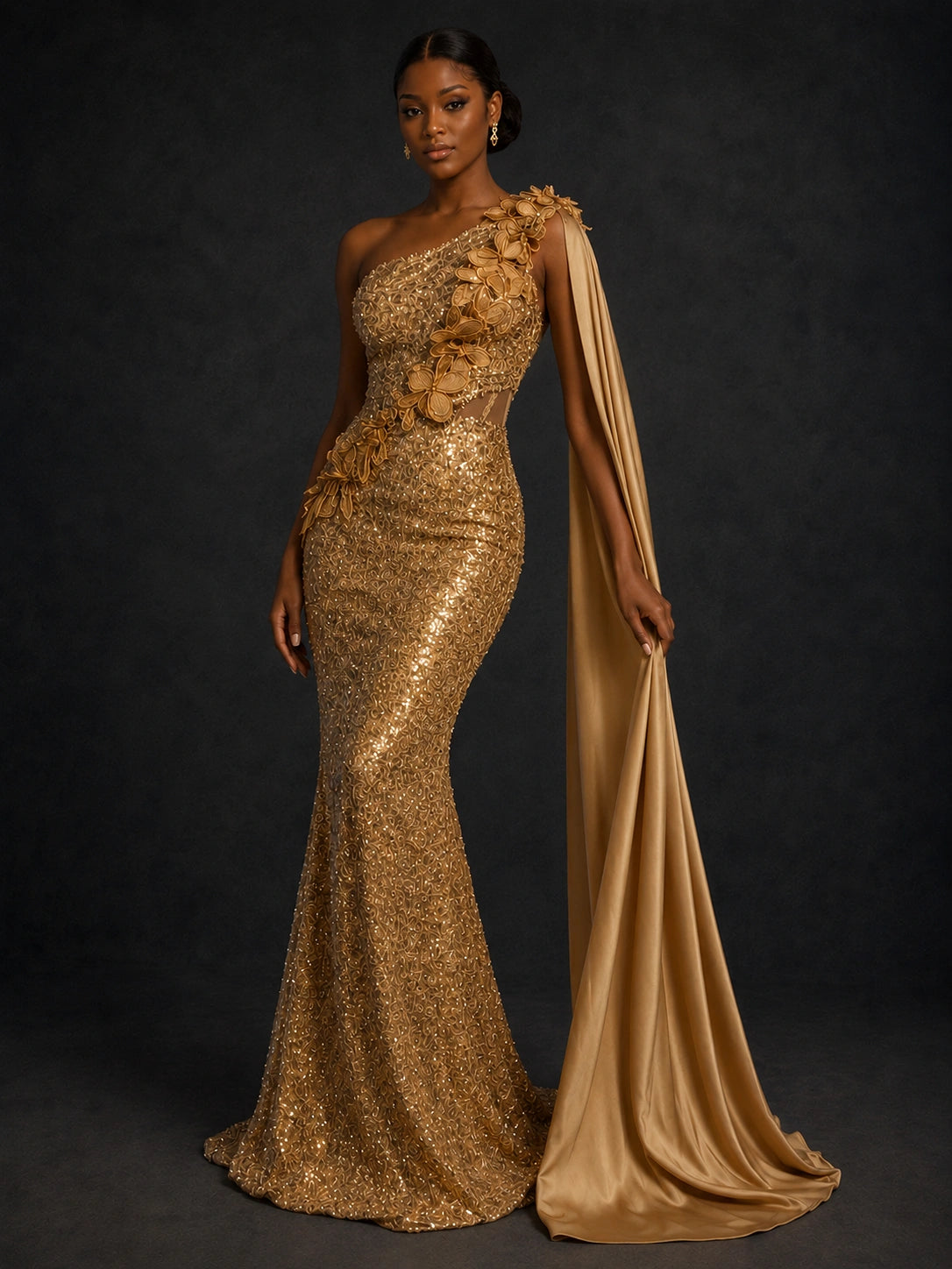 Gold Sequin One Shoulder Mermaid Prom Dress with Cape