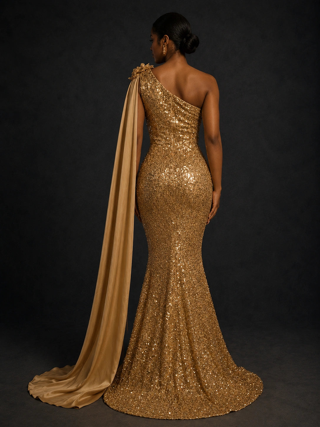 Gold Sequin One Shoulder Mermaid Prom Dress with Cape