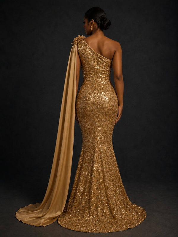 Gold Sequin One Shoulder Mermaid Prom Dress with Cape
