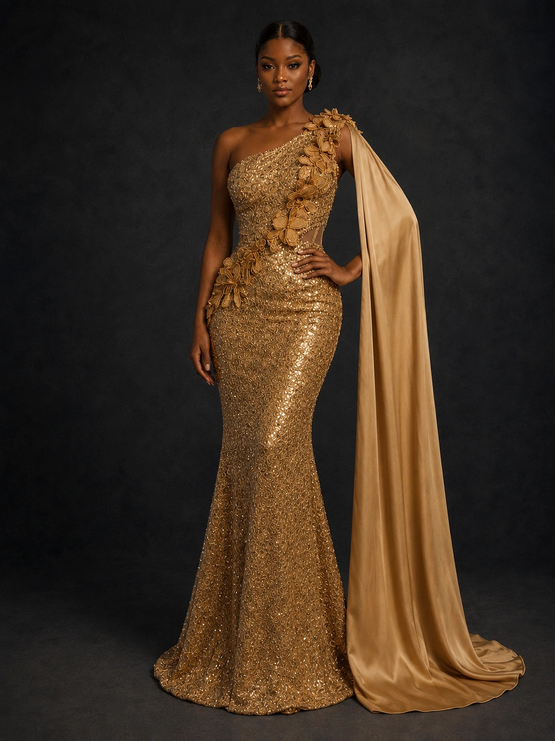 Gold Sequin One Shoulder Mermaid Prom Dress with Cape