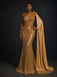 Gold Sequin One Shoulder Mermaid Prom Dress with Cape