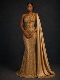 Gold Sequin One Shoulder Mermaid Prom Dress with Cape