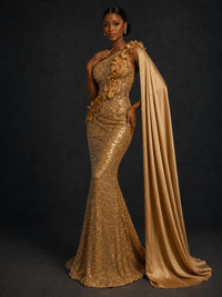 Gold Sequin One Shoulder Mermaid Prom Dress with Cape