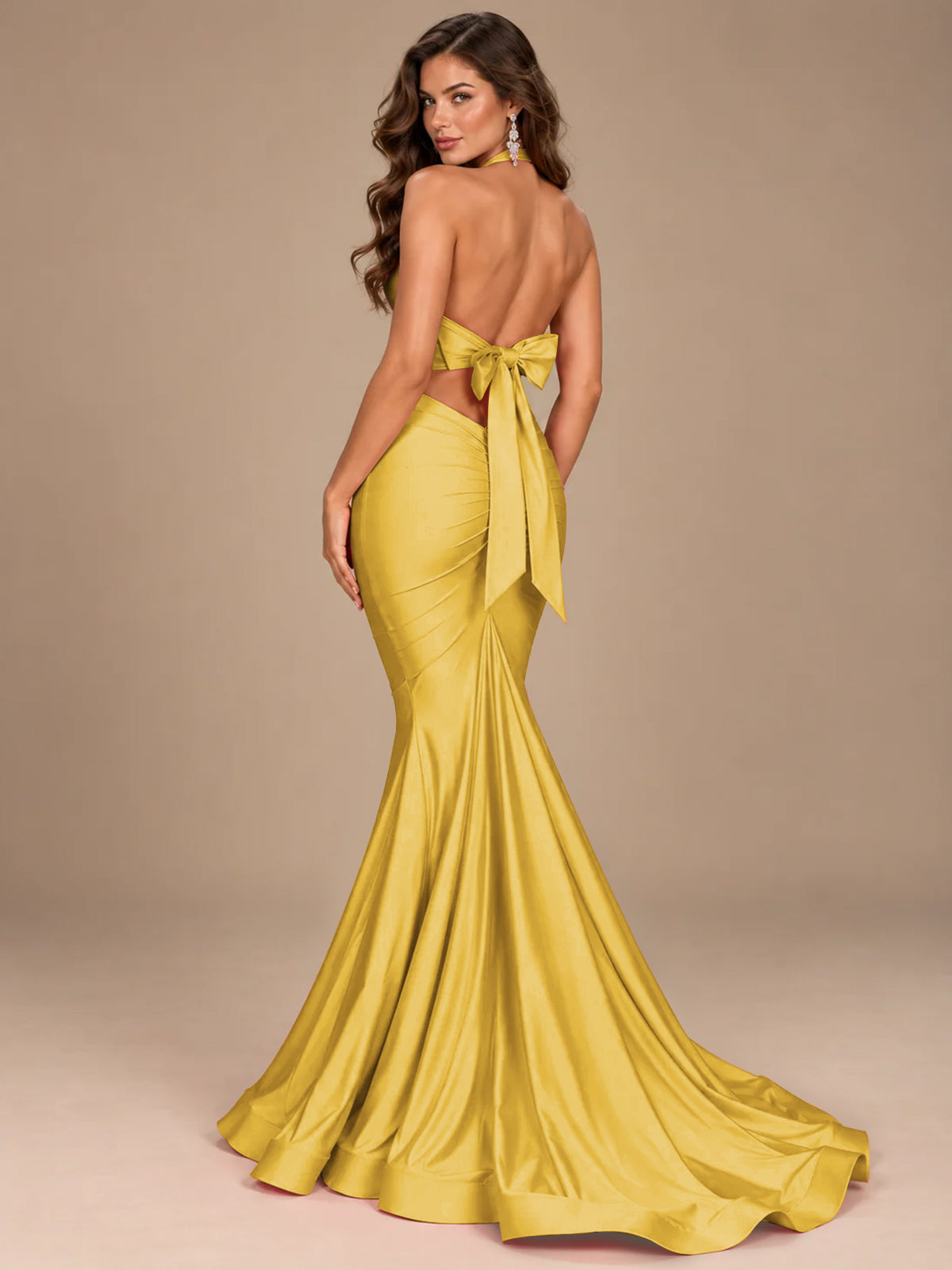 Pink Halter Deep V-Neck Ruched Mermaid Prom Dress
