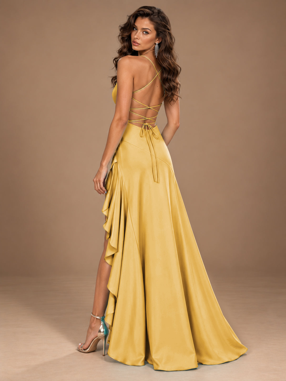 Burgundy Spaghetti Strap Ruched Prom Dress with Ruffled High Slit
