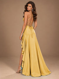 Burgundy Spaghetti Strap Ruched Prom Dress with Ruffled High Slit