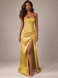 Burgundy Strapless Sparkly Corset Prom Dress with High Slit